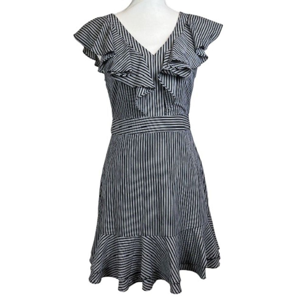 J.O.A. Ruffle Midi Dress Just One Answer Black and White Striped Lined Tie Waist